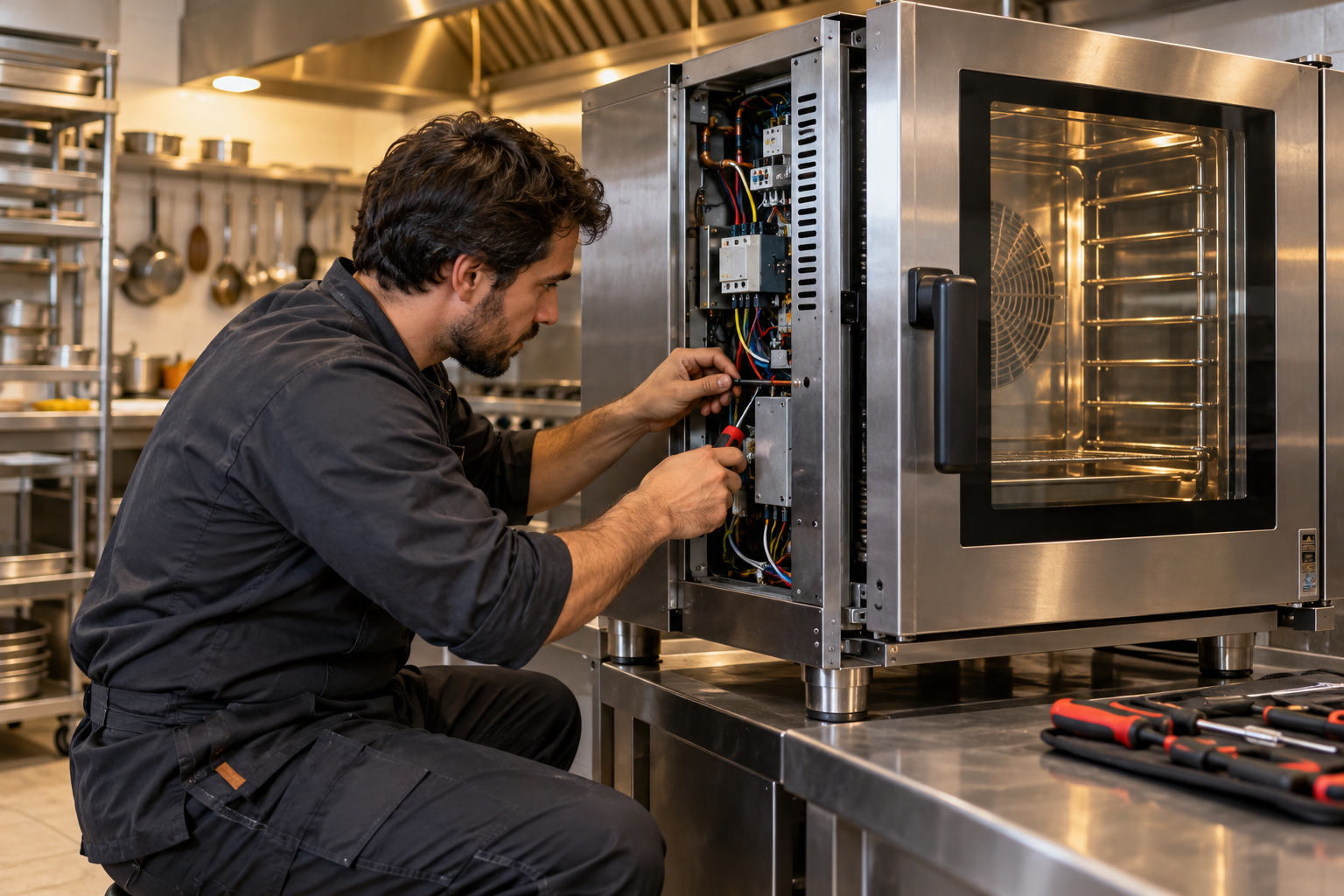 Imagen referencial generada con IA: revisión técnica de un horno gastronómico de acero inoxidable.